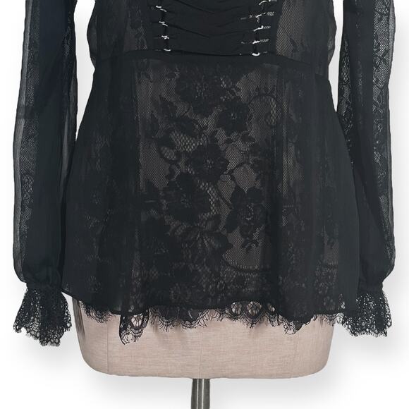 THE KOOPLES Sheer Lace Top Corset Ribbon Blouse Peplum Black Dark Romance Sexy - Picture 5 of 13